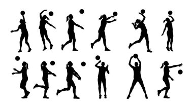 Enerjik hareket ve spor grafikleriyle voleybol oynayan dinamik kadın.