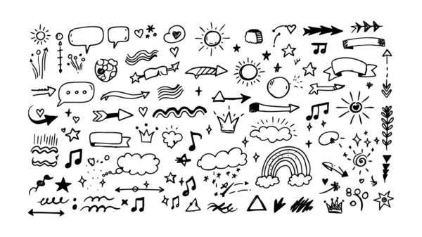 El çizimi çizim vektör seti. Eğlenceli bir web tasarımı resimlemesi için bukleli el yapımı oklar