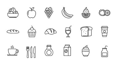 Dijital tasarım projeleri için canlı bir taze meyve koleksiyonu ve fast food öğe simgeleri