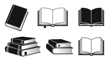 Çeşitli kitapların ve açık kitapların basit siyah beyaz çizimleri koleksiyonu