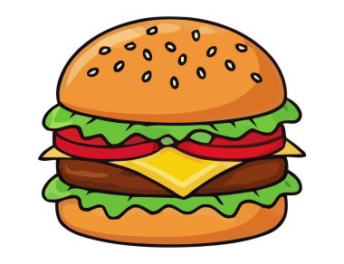 Susamlı çörek ve taze malzemeli klasik çizgi film hamburgeri.