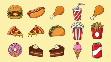 Renkli bir fast food koleksiyonu ve hafif arka planda gösterilmiş tatlı ikramlar.