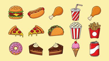 Renkli bir fast food koleksiyonu ve hafif arka planda gösterilmiş tatlı ikramlar.