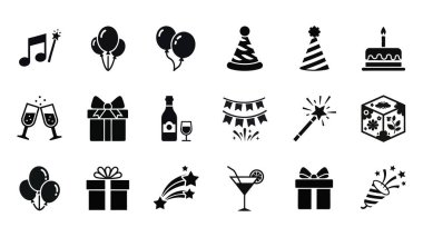 Kutlama ve parti unsurlarını temsil eden siyah beyaz simgelerin toplanması