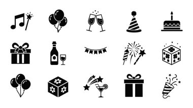 Kutlama ve parti unsurlarını temsil eden siyah beyaz simgelerin toplanması