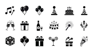 Kutlama ve parti unsurlarını temsil eden siyah beyaz simgelerin toplanması