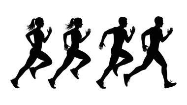 Beyaz arka planda hareket eden dört koşucunun siluetleri