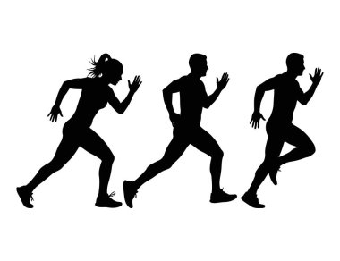 Beyaz arka planda hareket eden üç koşucunun siluetleri