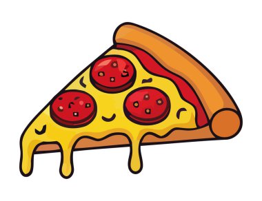 Tatlı biberli pizza dilimi, erimiş peynirli ve mutlu yüzlü.