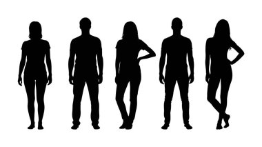 Beyaz arka planda duran beş farklı insanın siluetleri