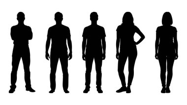 Beyaz bir arkaplan karşısında yan yana duran bir grup siluetli insan