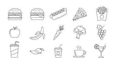 Fast food ve taze ürün ikonlarının el çizimi koleksiyonu