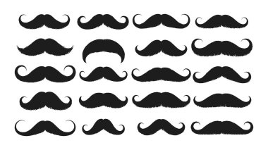 Beyaz arkaplanda çeşitli siyah bıyık koleksiyonu