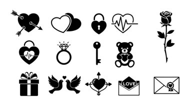 Sevgililer Günü 'nde kalpler, güller ve aşk sembolleri içeren romantik ikonlar koleksiyonu.