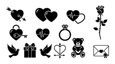 Sevgililer Günü 'nde kalpler, güller ve aşk sembolleri içeren romantik ikonlar koleksiyonu.