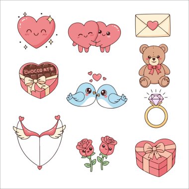 Sevgililer Günü ikonlarının büyüleyici bir koleksiyonu. İçinde aşk kuşları hediyeleri ve oyuncak ayılar var.