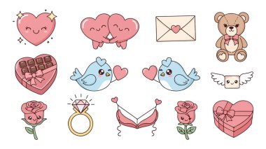 Sevgililer Günü ikonlarının büyüleyici bir koleksiyonu. İçinde aşk kuşları hediyeleri ve oyuncak ayılar var.