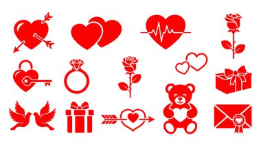 Kırmızı Sevgililer Günü ikonlarının koleksiyonu. İçinde kalpler, aşk sembolleri ve romantik imgeler var.
