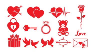 Kırmızı Sevgililer Günü ikonlarının koleksiyonu. İçinde kalpler, aşk sembolleri ve romantik imgeler var.
