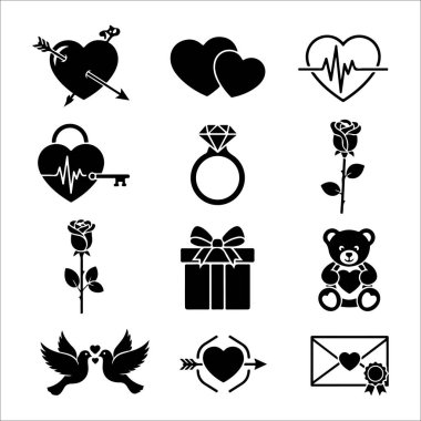 Sevgililer Günü 'nde kalpler, güller ve aşk sembolleri içeren romantik ikonlar koleksiyonu.