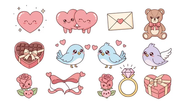 Sevgililer Günü ikonlarının büyüleyici bir koleksiyonu. İçinde aşk kuşları hediyeleri ve oyuncak ayılar var.