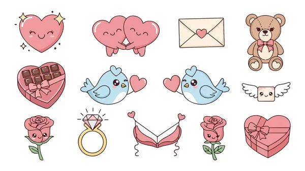 Sevgililer Günü ikonlarının büyüleyici bir koleksiyonu. İçinde aşk kuşları hediyeleri ve oyuncak ayılar var.