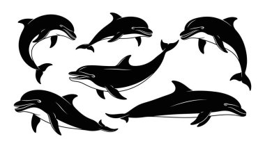 Beyaz arka planda çeşitli dinamik pozlarda siluetli yunusların toplanması
