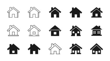 Basit ev simgelerinin siyah ve beyaz ana hatları ve katı biçimlerde toplanması