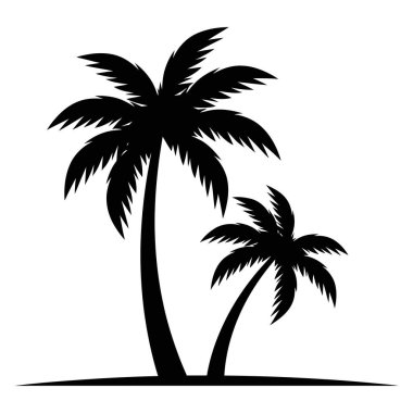 Siluetli palmiye ağaçları beyaz arka planda tropik cenneti sembolize ediyor.