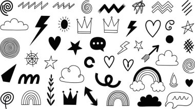 Siyah ve beyaz sembollerin ve şekillerin toplanması. Karalama ikonları koleksiyonu. Elle çizilmiş karalama ve simge koleksiyonu