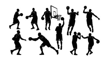 Basketbolcuların siluetleri iş başında. Dinamik basketbol siluetleri