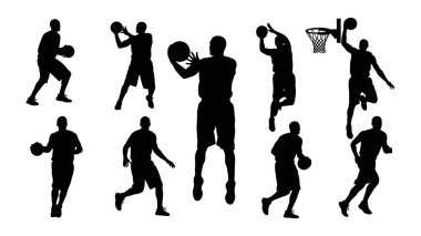 Basketbolcuların siluetleri iş başında. Dinamik basketbol siluetleri