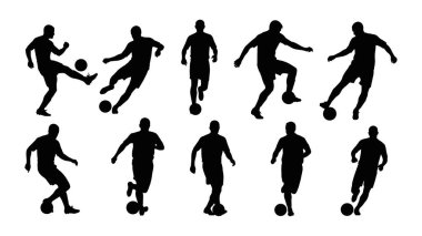 Farklı eylemlerde futbolcu siluetleri koleksiyonu. Dinamik futbol siluetleri