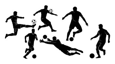 Farklı eylemlerde futbolcu siluetleri koleksiyonu. Dinamik futbol siluetleri