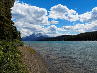 Turkuaz Gölü Maligne güneşli bir günde, Jasper National Park, Alberta, Kanada