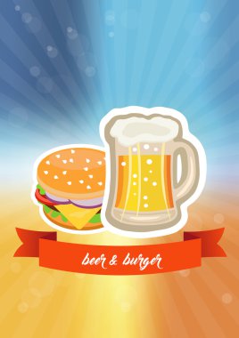 Kupa bira ve bir afiş yaz zemin üzerine bir Burger