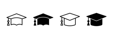 Eğitim ikonu vektörü. Mezuniyet şapkası işareti ve sembol. Mezun olmak. Öğrenci şapkası