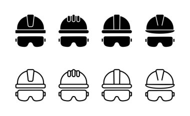 Kask simgesi vektörü. Motosiklet kaskı tabelası ve sembolü. İnşaat miğferi simgesi. Güvenlik kaskı