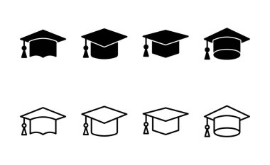 Eğitim ikonu vektörü. Mezuniyet şapkası işareti ve sembol. Mezun olmak. Öğrenci şapkası