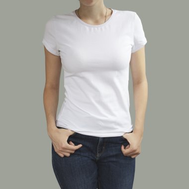 Young beautiful sexy female with blank white shirt, front. Ready