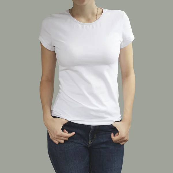 Young beautiful sexy female with blank white shirt, front. Ready — Stock fotografie