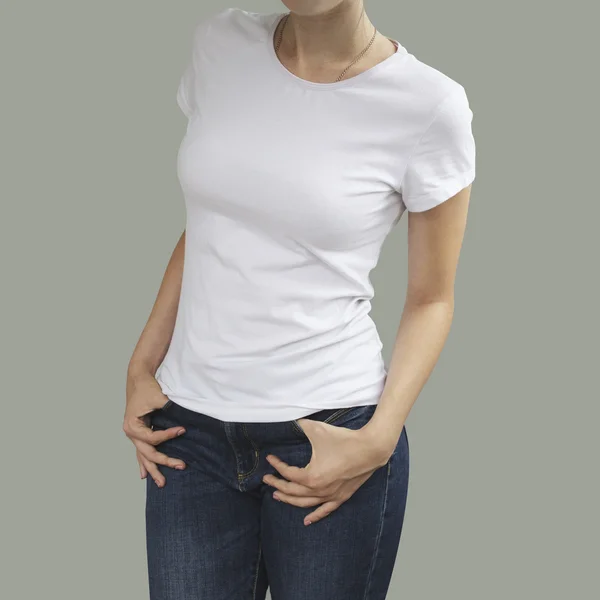 Young beautiful sexy female with blank white shirt, front. Ready — 图库照片