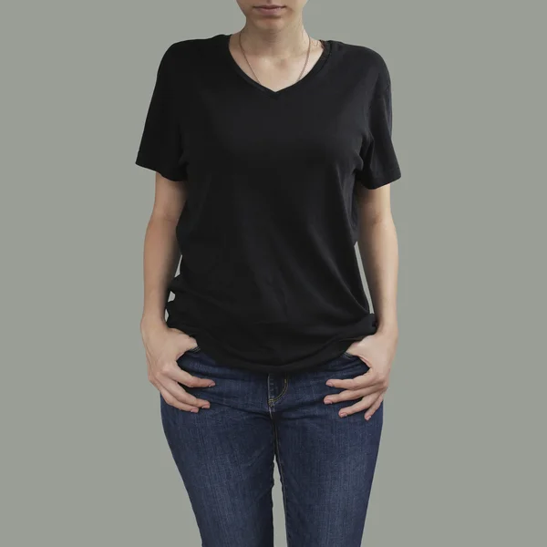 Young beautiful sexy female with blank black shirt, front. Ready — Stock fotografie