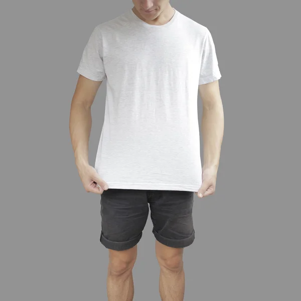 White stretched t shirt and black shorts on a young man template — Zdjęcie stockowe