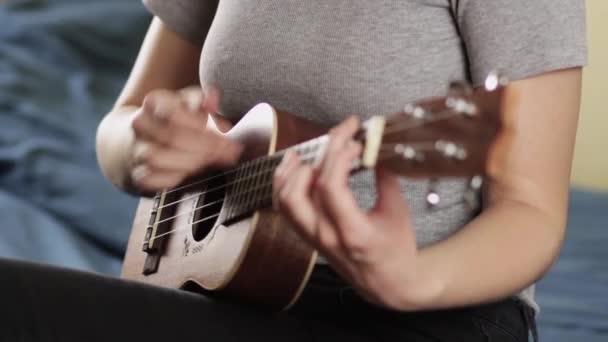 Una ragazza suona l'ukulele. Chiudete. Su uno sfondo grigio. — Video Stock