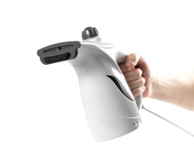 Beyaz bir el buharlı gemi. Kapatın. Beyaz bir arkaplanda izole edilmiş.