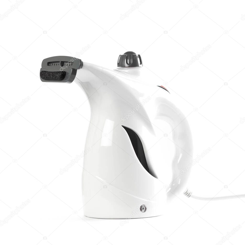 White hand held steamer. Close up. Isolated on a white background.