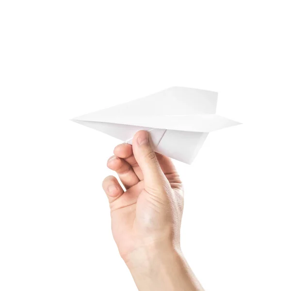 Hand Holds Paper Airplane Close Isolated White Background — 스톡 사진