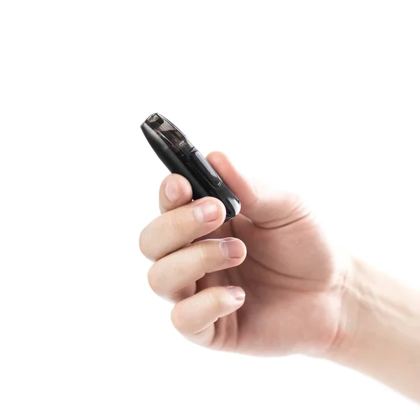Hand Holds Black Electronic Cigarette Close Isolated White Background — Stockfoto