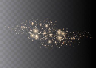 Toz sarıdır. Sarı kıvılcımlar ve altın yıldızlar özel ışıkla parlıyorlar. Şeffaf bir arkaplanda vektör parıldıyor. Noel ışığı etkisi. Parlak sihirli toz parçacıkları.